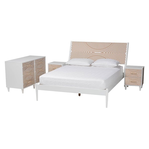 Baxton Studio Louetta Coastal White Caved Contrasting Queen Size 4-Piece Bedroom Set 246-13621-13628-13628-13625-ZORO - main